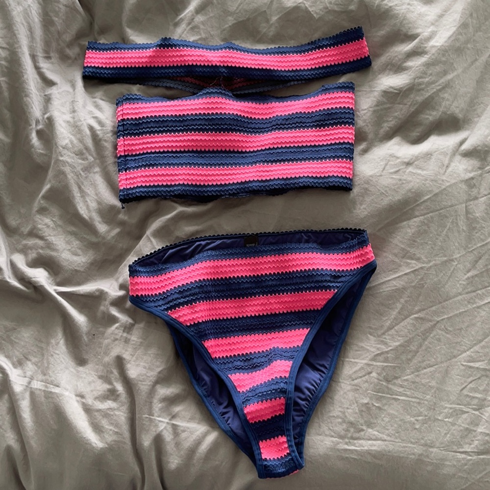 asos blue and pink bandage high waisted bikini